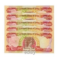 5 x 25,000 IRAQI DINAR UNC BANKNOTES = 125,000 IQD, Authentic Iraq Currency