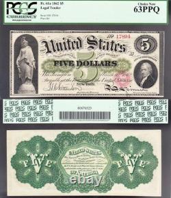 Amazing CHOICE UNC 1862 $5 GREENBACK US Legal Tender Note! PCGS 63 PPQ! 17894