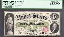 Amazing CHOICE UNC 1862 $5 GREENBACK US Legal Tender Note! PCGS 63 PPQ! 17894