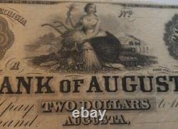 Antique $2 1800's Bank of Augusta Georgia Bank Note Obsolete Currency UNC