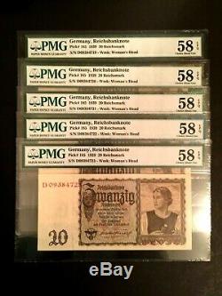 Antique Historical WWII Era 20 Reichsmark 1939 Sequential Set of 5 PMG UNC EPQ