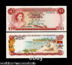 BAHAMAS 3 Dollars P-19 A 1968 QUEEN SHIP FLOWER UNC RARE CARIBBEAN CURRENCY NOTE