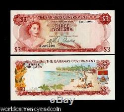 Bahamas $3 P19a 1968 GB Queen Ship Flower Unc Rare Caribbean Currency Money Note