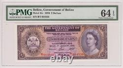 Belize 2 Dollar 1976 P34c 2$ PMG Gem UNC 64 EPQ Queen Elizabeth Currency Rare