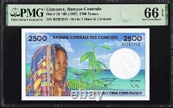 Comoros 2500 Francs P13 1997 PMG66 Gem UNC EPQ Banknote Currency Note BEAUTIFUL