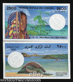 Comoros Islands 2500 2,500 Francs P13 1997 Sea Turtle Scarf Unc Currency Note