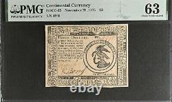 Continental Currency November 29, 1775 $3 Hall & Sellers Fr#CC-13 PMG Ch UNC 63