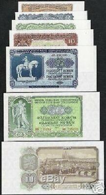 Czechoslovakia 1 2 5 10 20 50 100 Kronen 1943 Unc Currency Money Complete Set