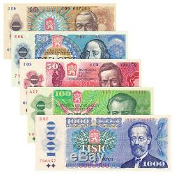 Czechoslovakia 5 PCS Banknotes Collect 10-1000 Koruna Real Currency UNC
