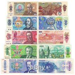 Czechoslovakia 5 PCS Banknotes Collect 10-1000 Koruna Real Currency UNC