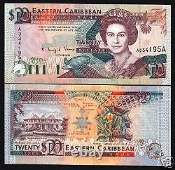EAST CARIBBEAN STATES ANTIGUA 20 DOLLARS P-28 a 1993 QUEEN TURTLE SHIP UNC NOTE