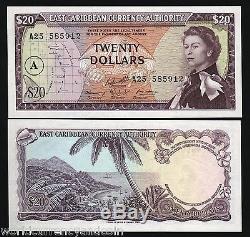 East Caribbean States 20 Dollars P15h 1965 Queen Unc Boat Rare Currency Banknote