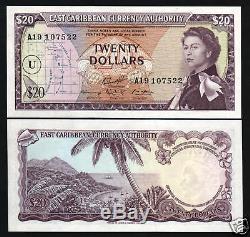 East Caribbean States 20 Dollars P15v 1965 Queen Boat Unc Caribbean Bank Note Uk