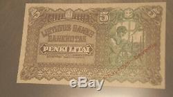 Extremely Rare Lithuanian currency Specimen Banknote 5 Litai issued in 1922 UNC