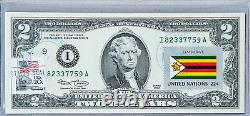 Federal Reserve Notes 2003 Two Dollar Bill Unc Currency Cancelled US Stamps Flag