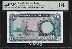 Gambia 5 Pounds 1965-70 PMG 64 UNC P#3a Printer BWC Currency Board S/N A