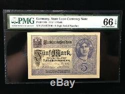 Germany 1917 5 Mark State Loan Currency Banknote Pmg Gem Unc. 66 Epq (980)