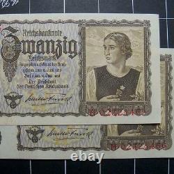 Germany-20 Reichsmark banknotes-UNC/running #s-1939-German swastika-3rd reich