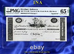 INA Farmers & Merchants Bank of Baltimore $20 US Obsolete Note Unc PMG 65 EPQ