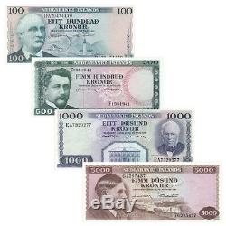 Iceland 4 PCS Banknotes Paper Money 100-5000 Kronur ISK Real Currency UNC 1961