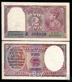 India 2 Rupees P17b 1943 King George VI Lion Unc World Currency Money Bill Note