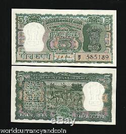 India 5 Rupees P54b 1957 Antelope Tiger Unc Lkj Indian Currency Banknote 10 Bill
