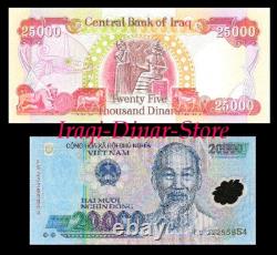 Iraqi Dinar 25 000 Dinar Note + Free 20,000 Vietnam Dong Note New Unc