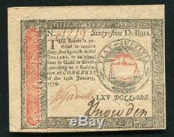 January 14, 1779 $65 Sixty Five Dollars Continental Currency Note Unc
