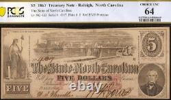 LARGE UNC 1863 $5 BILL NORTH CAROLINA RALEIGH NOTE PAPER MONEY Cr 123 PCGS 64