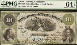 Large 1861 $10 Dollar South Carolina Bank Note Currency Paper Money Pmg 64 Unc