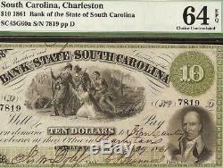 Large 1861 $10 Dollar South Carolina Bank Note Currency Paper Money Pmg 64 Unc