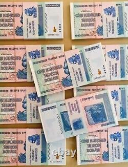 Lot Of 10 Authentic Zimbabwe 100 Trillion Dollar Currency, Aa2008, Unc