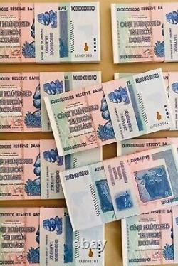 Lot Of 10 Authentic Zimbabwe 100 Trillion Dollar Currency, Aa2008, Unc
