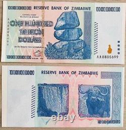 Lot Of 10 Authentic Zimbabwe 100 Trillion Dollar Currency, Aa2008, Unc