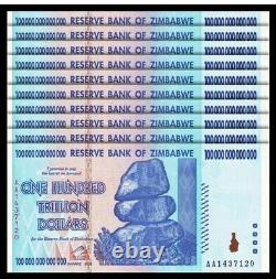 Lot Of 25 Authentic Zimbabwe 100 Trillion Dollar Currency, Aa/2008, P-91, Unc