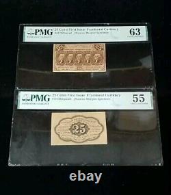 Lot Of 2 1st Issue 25 Cents Fractional Currency Fr 1282 PMG Choice Unc-63, Au 55