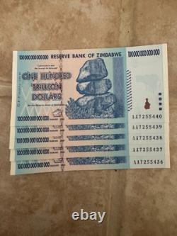 Lot Of 5 100% Authentic Zimbabwe 100 Trillion Dollar Currency, Unc