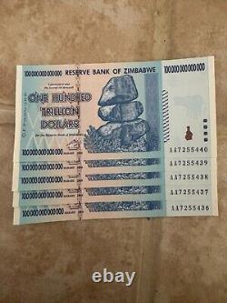 Lot Of 5 Authentic Zimbabwe 100 Trillion Dollar Currency, Aa2008, Unc