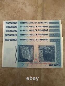 Lot Of 5 Authentic Zimbabwe 100 Trillion Dollar Currency, Aa2008, Unc