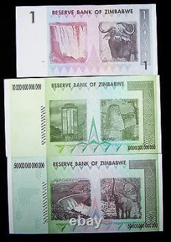 Lot of 3 Zimbabwe banknotes-1 dollar, 10&50 Trillion Dollars-UNC currency