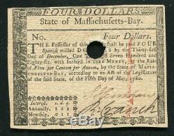 Ma-281 May 5, 1780 $4 Four Dollars Massachusetts Colonial Currency Note Unc