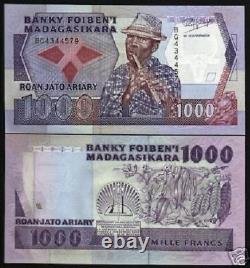 Madagascar 1000 Francs P72 1988 Flute Fruit Unc Currency Money Banknote 10 Bills