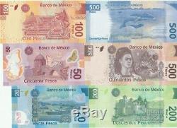 Mexico 20-50-100-200-500-500 pesos currency banknotes polymer 6 pcs set UNC
