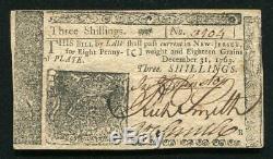 NJ-154 DECEMBER 31, 1763 3s THREE SHILLINGS NEW JERSEY COLONIAL CURRENCY UNC