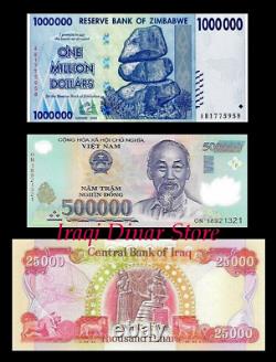 One Million Zimbabwe Dollars 500,000 Vietnam Dong & 25, 000 New Iraqi Dinar Unc