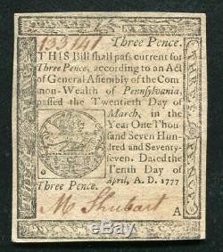 PA-209 APRIL 10, 1777 3p THREE PENCE PENNSYLVANIA COLONIAL CURRENCY NOTE UNC