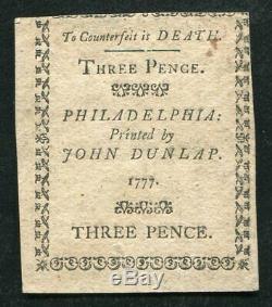 PA-209 APRIL 10, 1777 3p THREE PENCE PENNSYLVANIA COLONIAL CURRENCY NOTE UNC