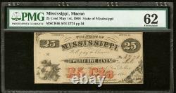 PMG UNC 62. MISSISSIPPI Macon 1864, 25c Confederate Civil War Banknote Currency
