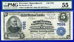 Rare 1902 $5 National Currency PMG About-UNC 55 (Worcester) # 420178
