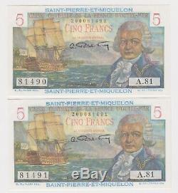 Saint Pierre & Miquelon 5 Francs 1950 1960 ND P22 GEM UNC PAIR Rare Currency